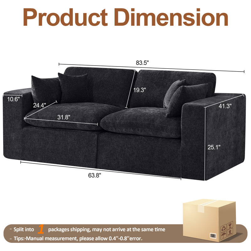 Canapé en chenille, Noir foncé, H 25,1 po x l 83,5 po x P 41,3 po