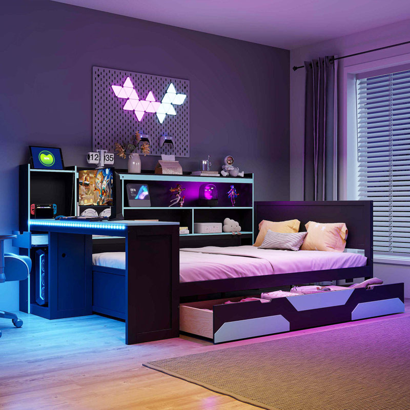 Lit de jour de jeu double avec bureau et lumières intégrés, base de lit en bois moderne avec 3 tiroirs de rangement et station de charge intégrée, bibliothèque multifonctionnelle noir et bleu