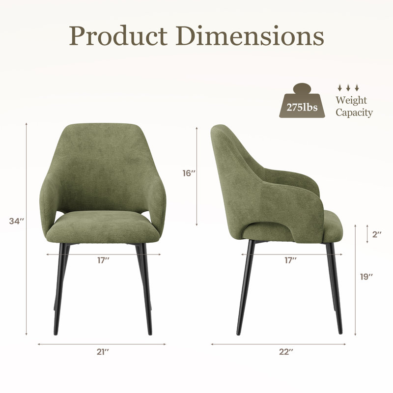 Modern Chenille Upholstered Dining Chairs, Accent Arm Chairs with Metal Legs, Ergonomic Back, Green