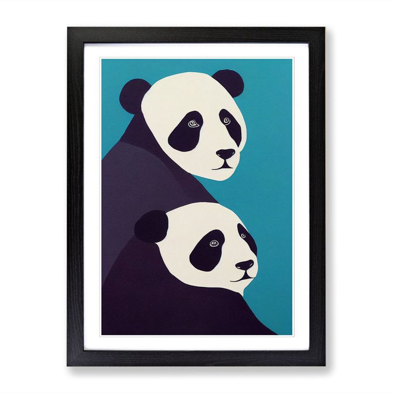 Panda Duo - Single Picture Frame Print, 64cm H x 46cm W x 2cm D, Oak