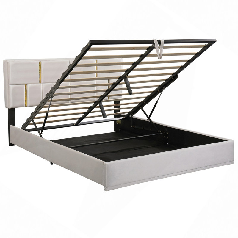 Lit moderne, lit plateforme tapissier avec système de rangement hydraulique, aucun sommier nécessaire