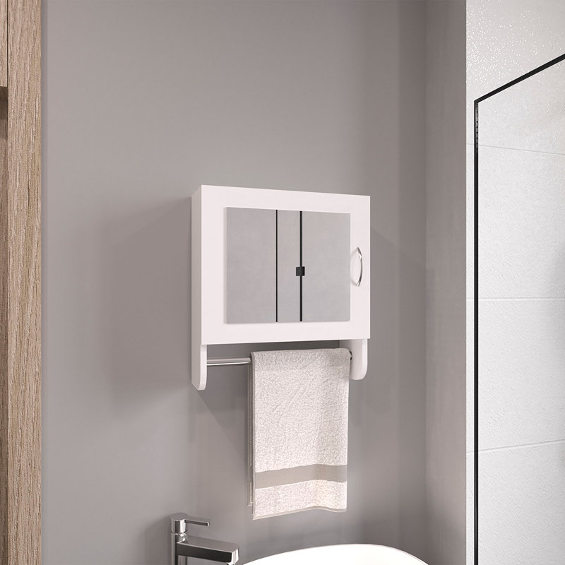 Armoire à pharmacie à miroir avec porte-serviettes, une porte avec deux tablettes intérieures, Blanc