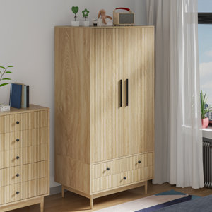 Armoire Wardrobe Closet With 2 Fluted Doors, 3 Drawers, Shelves And Hanging Rod, Freestanding Closet For Bedroom