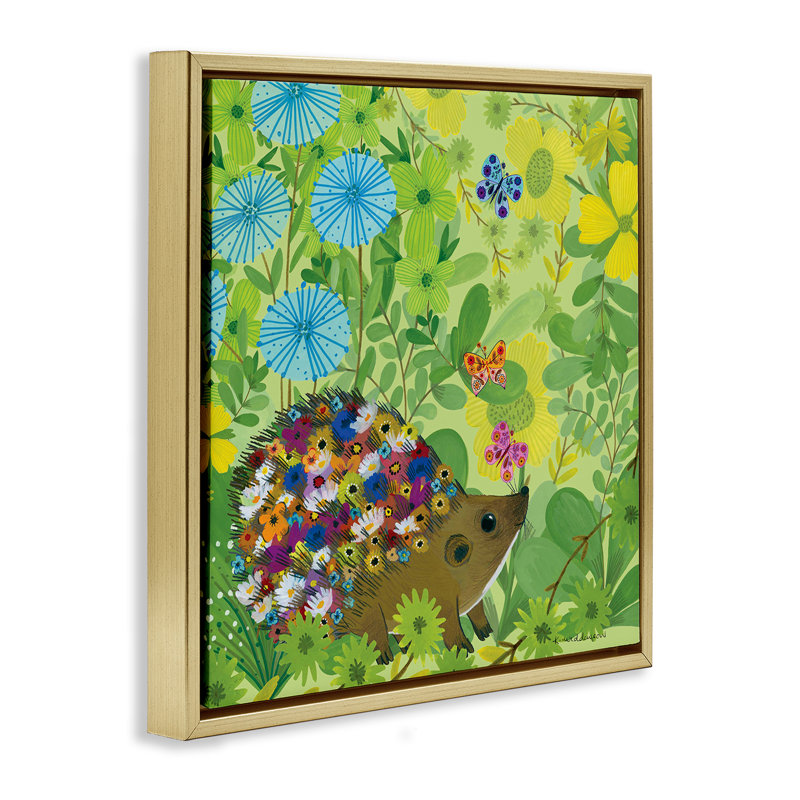 Cadre flottant Happy Hedgehog & Flowers, design par Kay Widdowson, H 18 po x l 18 po, Cadre flottant métallique doré