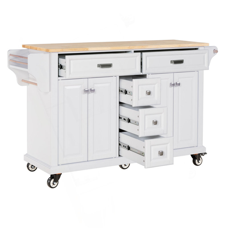 Kitchen Island With Rubber Wood Countertop, Kitchen Cart On 5 Wheels With Storage Cabinet And 5 Drawers For Dinning Room