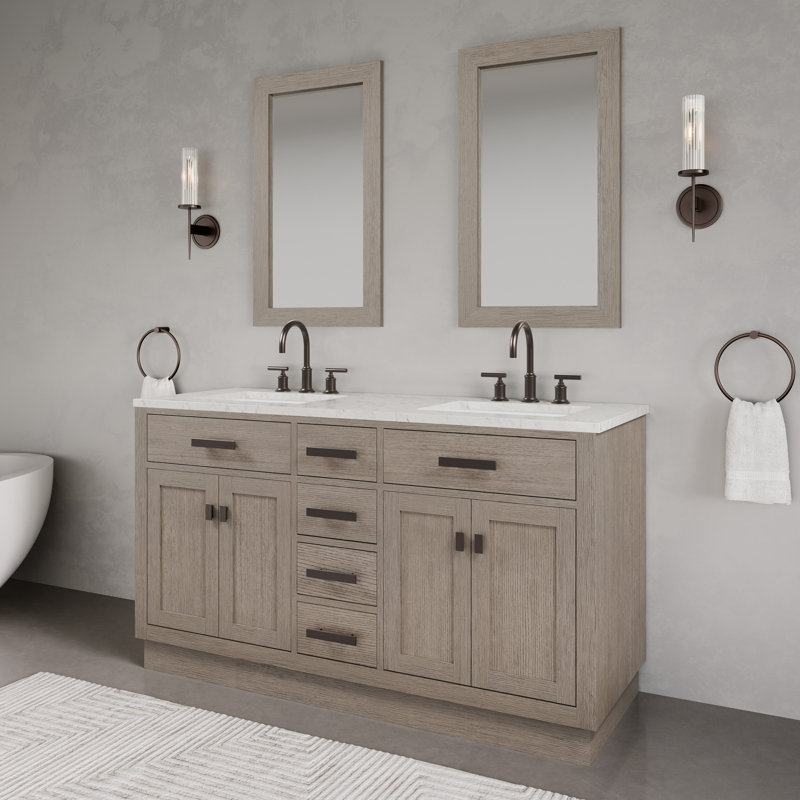 Chestnut 60" Carrara White Marble Countertop Bath Vanity with Faucet, Gray Oak