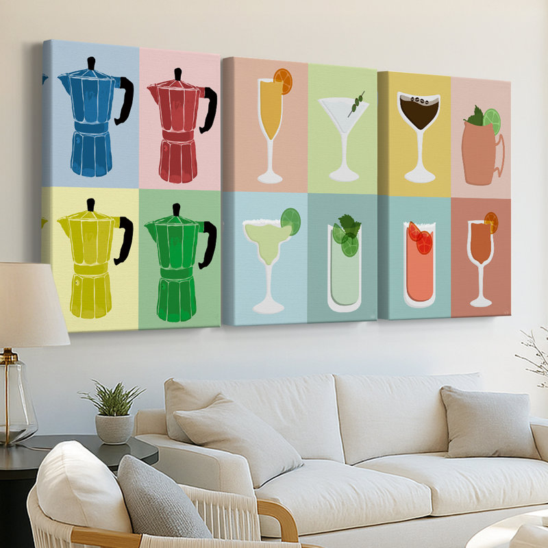 Moka Pot Colorblock - Toile tendue avec châssis sur mesure - 3 pièces, H 12 po x l 24 po
