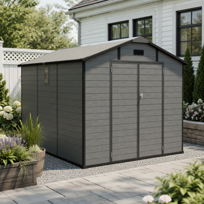 8x10 FT Plastic Outdoor Storage Shed - Lockable Resin Tool Shed with Window & Floor, Dark Gray