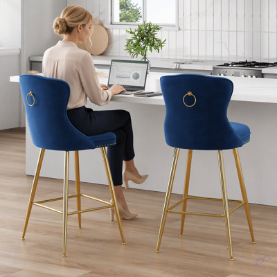 Ensemble de 2 tabourets de bar, tabourets de bar à hauteur de comptoir en velours avec pieds en métal, garniture capitonnée et têtes de clous, chaises de bar à oreilles pour le pub de l'îlot de cuisine