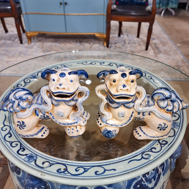 Small Pair of Lucky Foo Dog Figurine, 5.5" H x 7" W x 3.5" D, Blue/Cream
