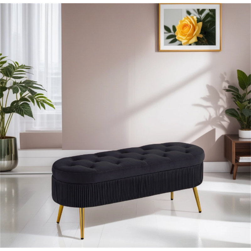 Banc de rangement rembourré Vinoe, Velours noir, Argenté