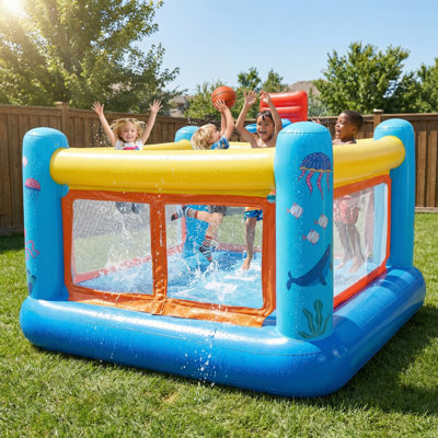 Bounce House For Kids 3-6, Pvc Inflatable Bounce House With Basketball Hoop, Indoor Bouncy House With Blower, Outdoor Jumping Castle With Game Map & Basketball