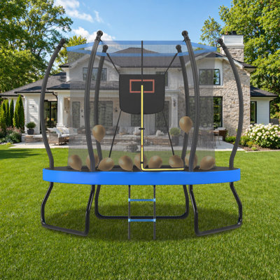 Outdoor Recreational Trampoline with Safety Enclosure Net, Basketball Hoop & Access Ladder, Heavy-Duty Weatherproof Backyard Jump Trampoline for Kids & Adults