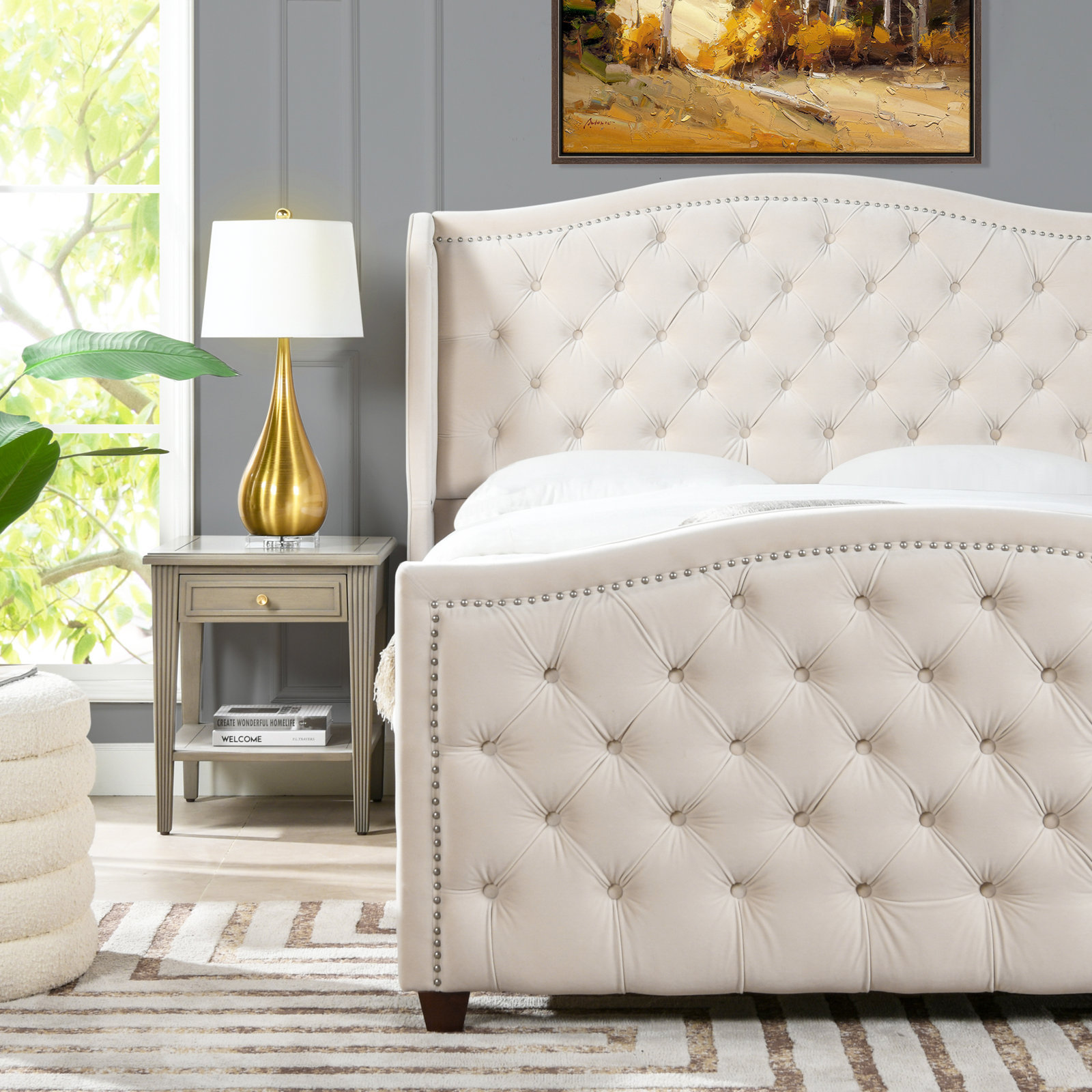 Coleman Velvet Upholstered Wingback Bed, Bright White Velvet, Queen