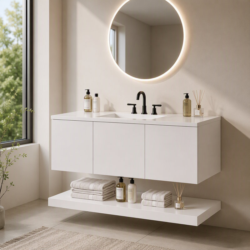 48 Inch Wall Mounted Bathroom Vanity Cabinet, Floating MDF Vanity with 3 Drawers and Open Bottom Shelf, White Painted Bathroom Vanity with Handleless Design, Composite Sink Top