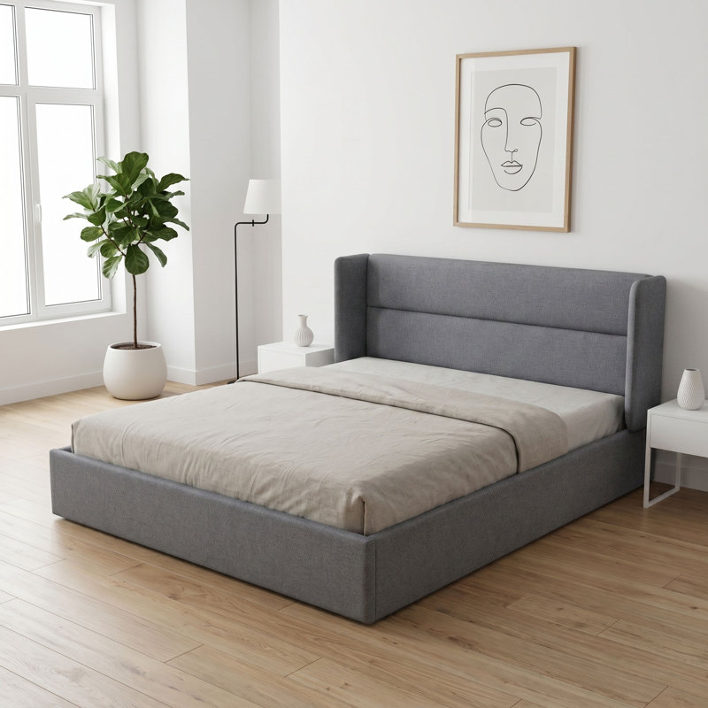 Lit plateforme tapissier avec rangement Gaillarde, Très grand, Gris olive clair