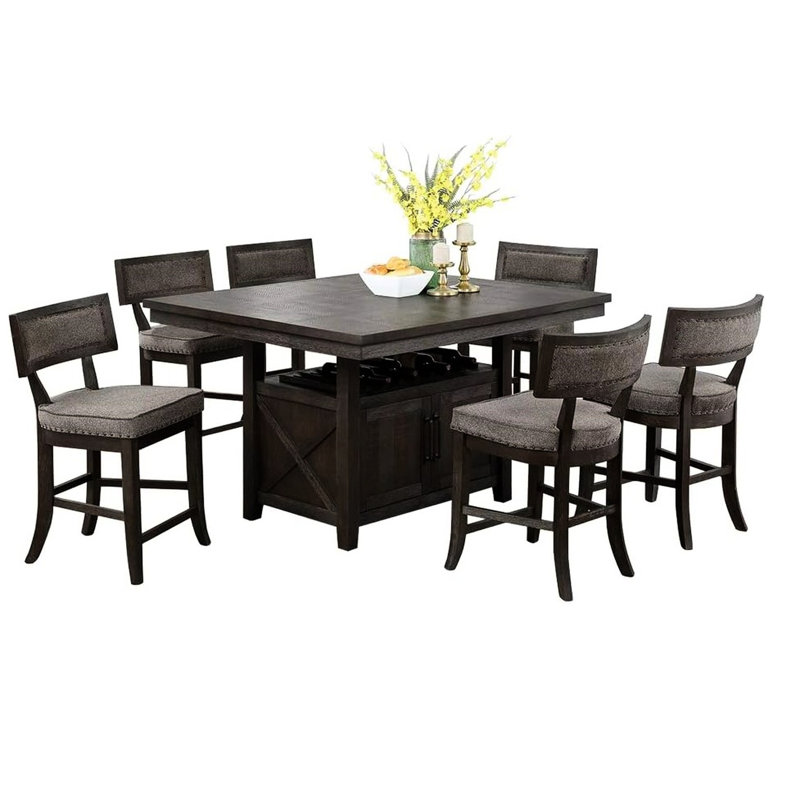 Table de salle à manger à hauteur de comptoir avec rangement et rallonge papillon, 7 chaises hautes de 6 pièces, rustique, côté chaises