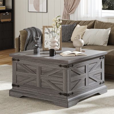 Farmhouse Coffee Table, Square Wood Centre Table with Storage and Lift Top, Metal Corners for Living Room,