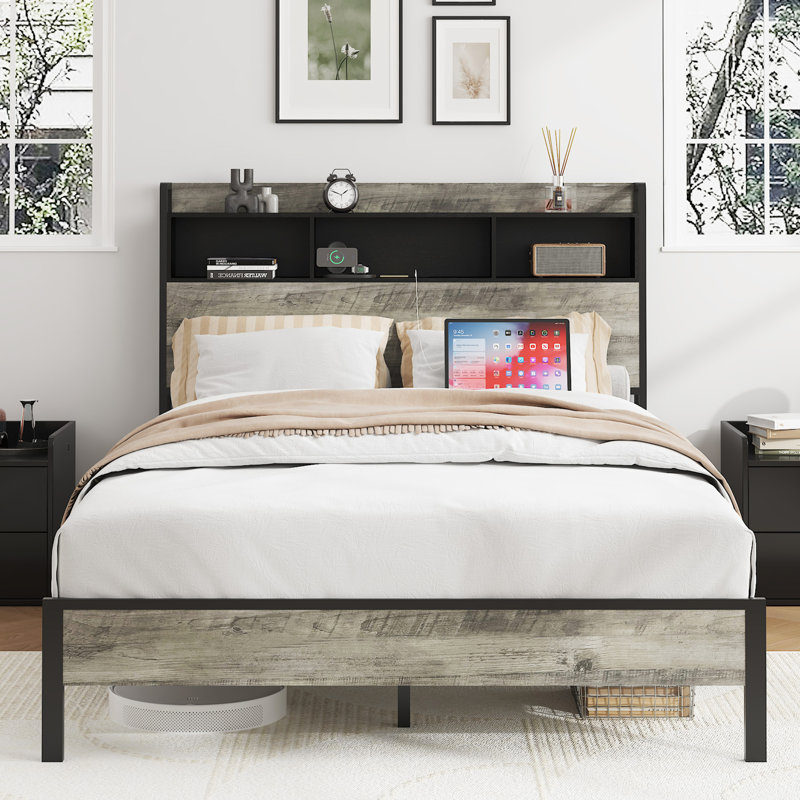 Structure de lit plateforme en bois de haute qualité avec rangement et 2 ports USB, sans bruit, sans sommier, facile à assembler
