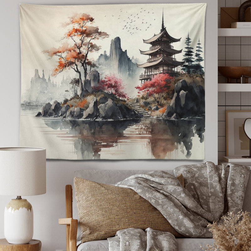 Aquarelle paysage japonais I - Tapisserie murale moderne, H 32 po x l 39 po