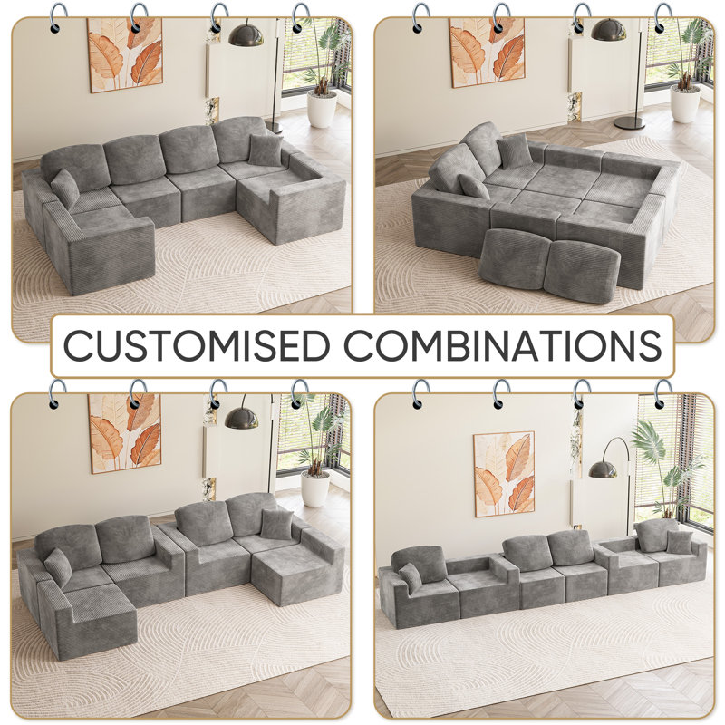 Boneless L-Shaped Modular Sectional Couch, Cloud U-Shaped Sectional Sofa with Wide Armrest, Gray Corduroy