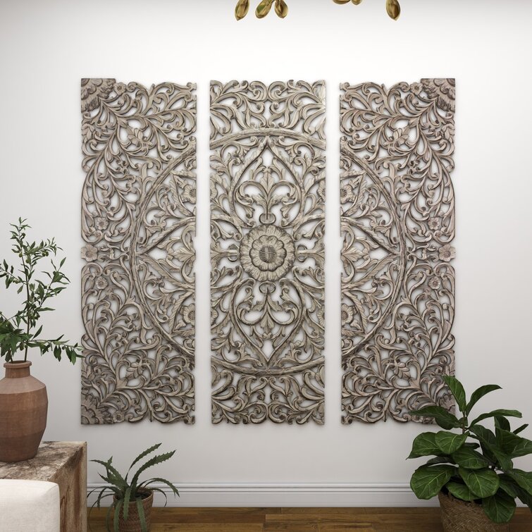 Dakota Fields Gray Wood Handmade Intricately Carved Floral Wall Decor With  Mandala Design 3 - Pieces & Reviews | Wayfair