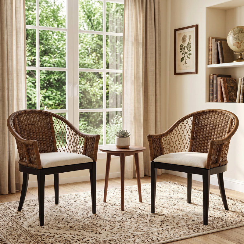Rattan Barrel Back Design with Upholstered Seat Accent Chair
