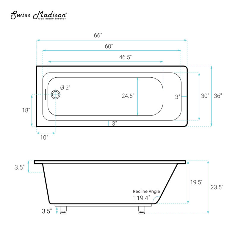 Voltaire 66 X 36 Reversible Drain Soaking Drop-In Bathtub In Glossy White With Integrated Overflow, Drain Included