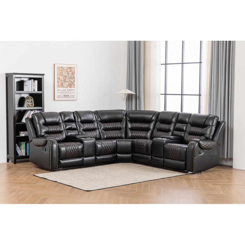 Ilia 96.8" Wide 3 - Piece Vegan Leather Power Reclining Sectional with Console Storage & Cup Holder, Black Faux Leather