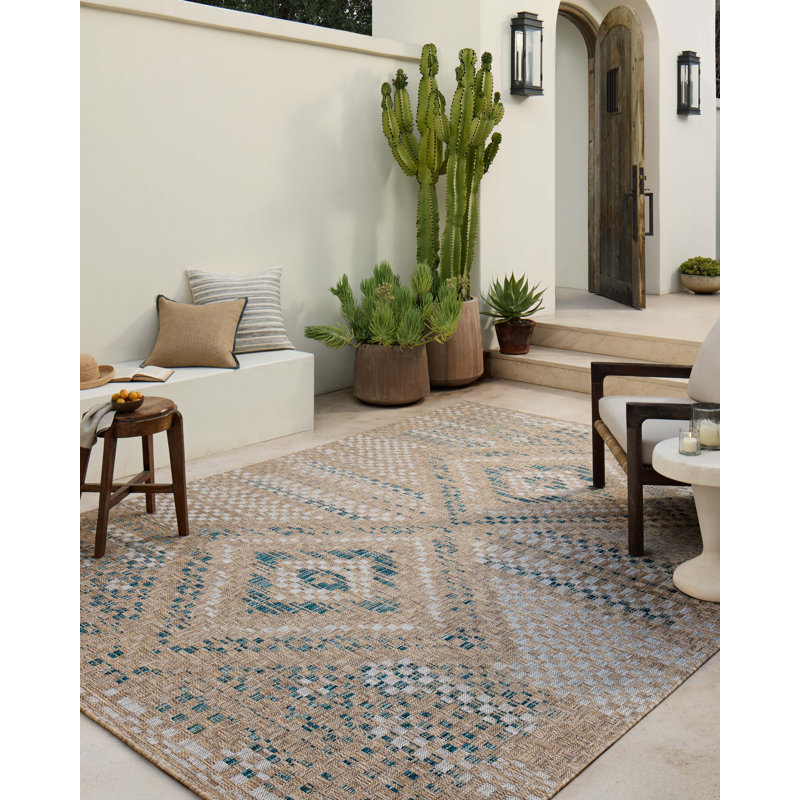 Natural and Aqua Geometric Synthetic Indoor/Outdoor Rug 6'7" x 9'4"
