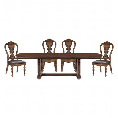 Lavish Style Formal Dining 5pc set Dining Table w Extension Leaf and 4x Side Chairs Dark Oak Finish Wooden Furniture