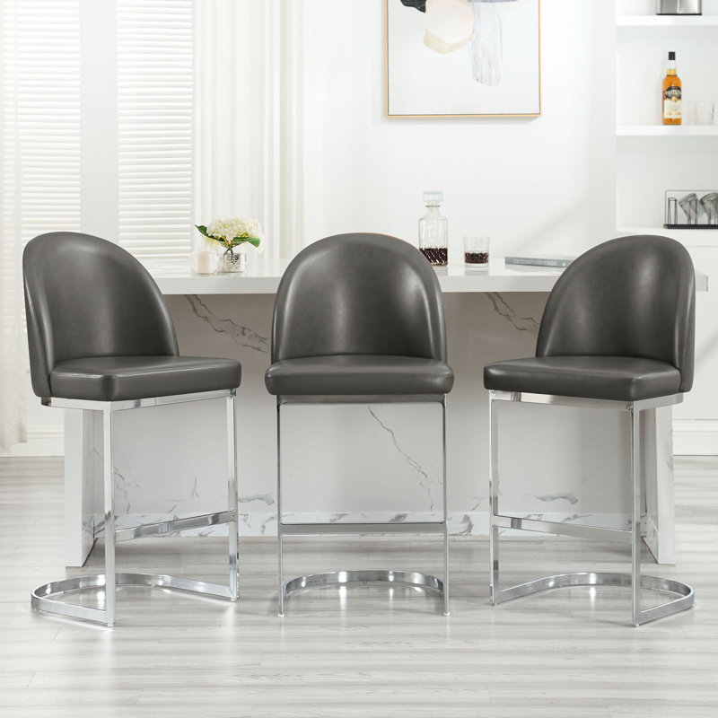 Maoz 26" Upholstered Faux Leather Counter Stool with Metal Frame, 1, Gray