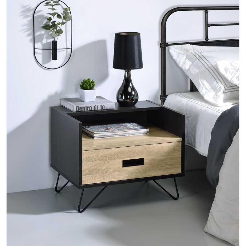 Accent Table For Everyday Use - Black Finish, Natural Oak Industrial With Practical Design 19" High, 1, Black, Synthetic Wood Construction