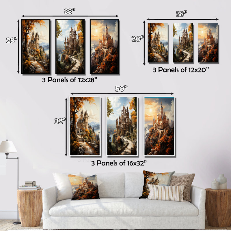 «Castles Majestic Fortress Golden», 3 pièces sur toile, Cadre noir, H 40 po x l 60 po