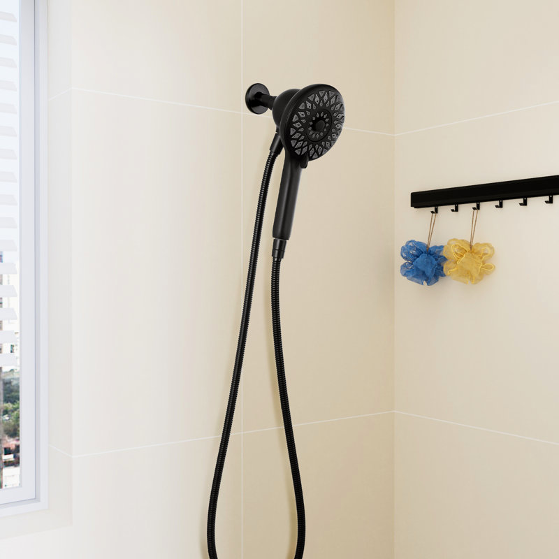 Pomme de douche haute, 6 réglages de jet, poche noire matte, tuyau en métal de 60 pouces, fixation murale pour salle de bain avec tête décorative moderne et modes, apparence, surface en acier inoxydable de 4,8 po