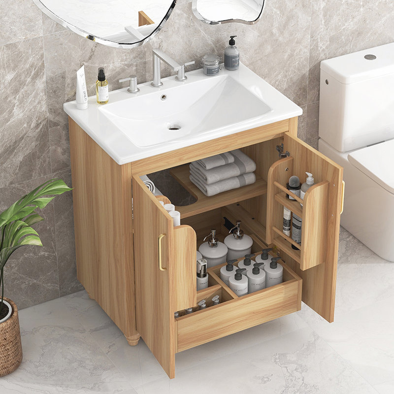 Ensemble de meuble-lavabo simple 30,01 po avec plateau en bois massif Poneto