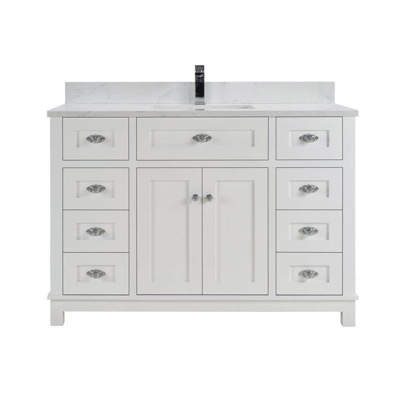48" Solid Wood Sink Vanity With 1' Artificial Stone Top, White, Polished Chrome