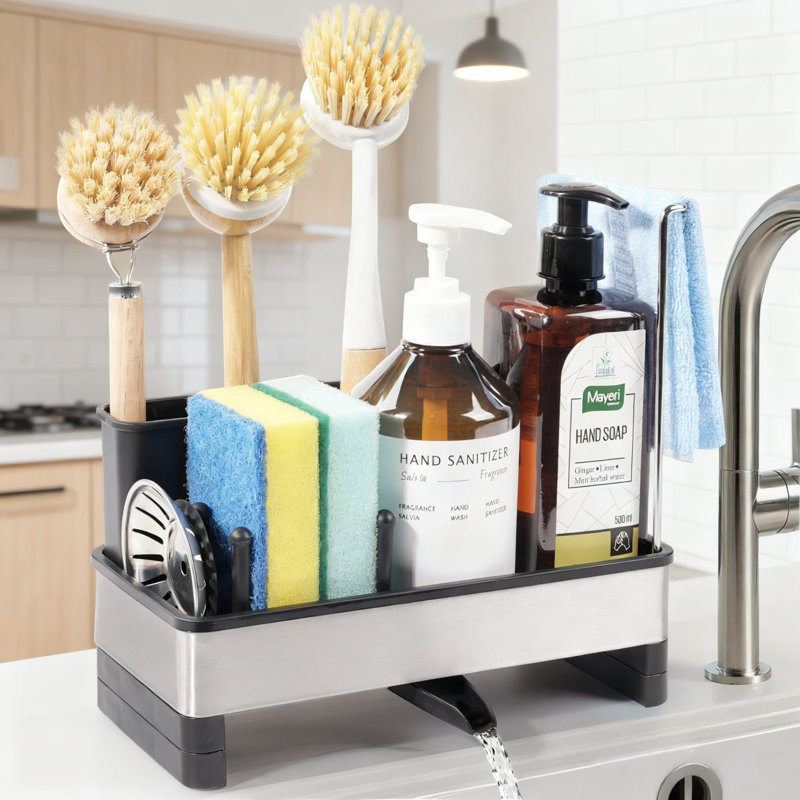 Organisateur d'évier de cuisine en acier inoxydable avec porte-brosse amovible, panier à éponge auto-drainant et distributeur de savon pour comptoir