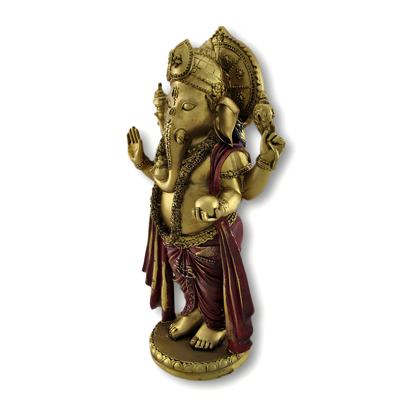 Statuette de table asiatique de Ganesha hindou doré, vêtu de rouge, en résine coulée à froid, 23,5 cm de haut.