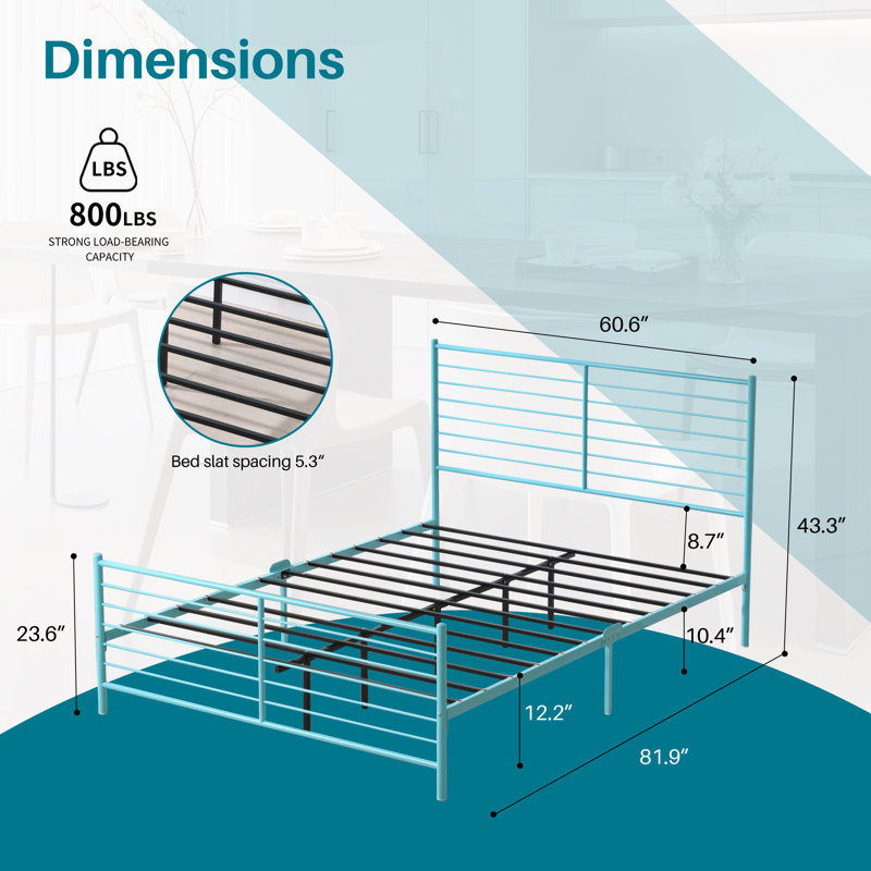 Modern Horizontal Slat Metal Bed Frame with Headboard and Footboard, LIGHTBLUE, QUEEN