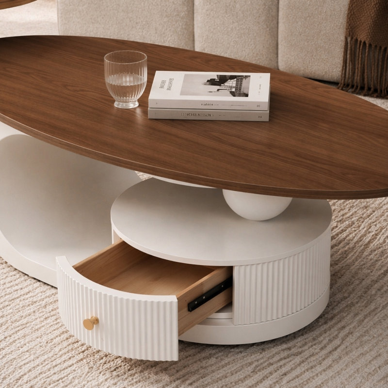 Ensemble de 2 tables gigognes de luxe, tables avec rangement pour le salon, ensemble de tables ovales et rondes, table centrale blanche, table basse, table d'appoint, grande table de 47,24 po, petite de 19,69 po