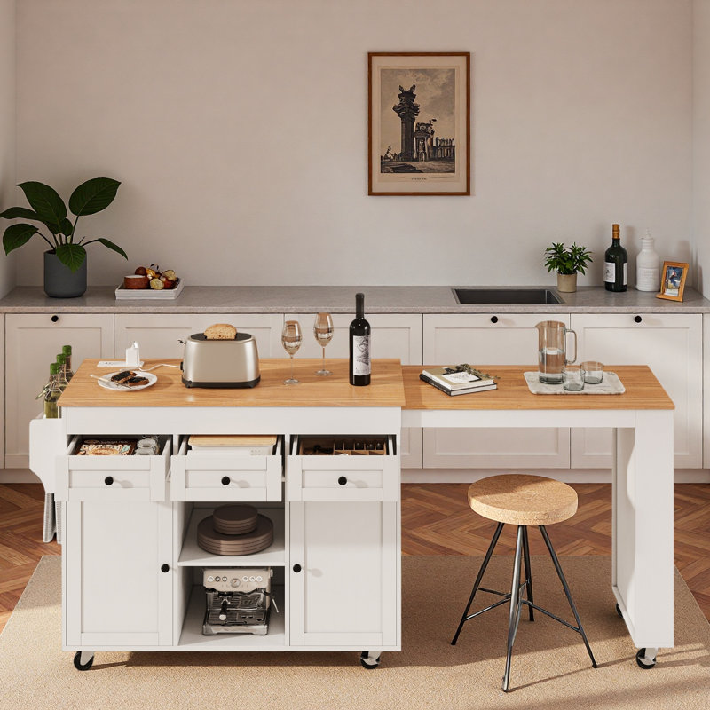 Îlot de cuisine roulant avec table de salle à manger extensible, station de charge, support de rangement ouvert à trois niveaux, 3 tiroirs et 2 armoires de rangement