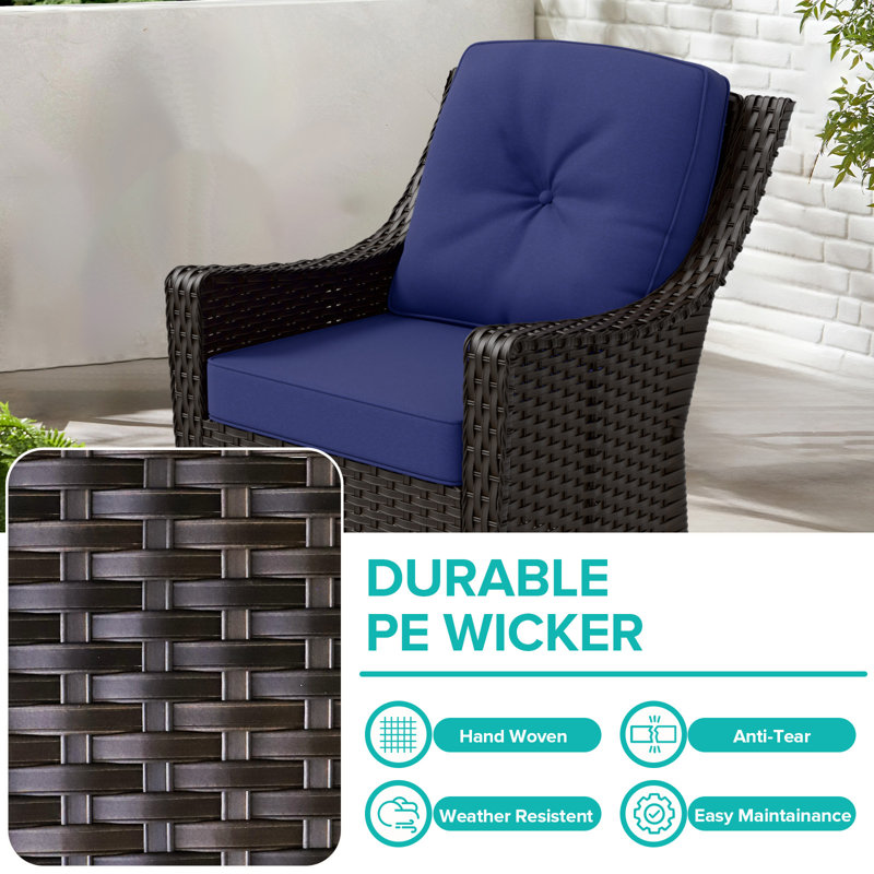Azure Bay 3-Piece Brown Steel Wicker Outdoor Bistro Set with Blue Cushions