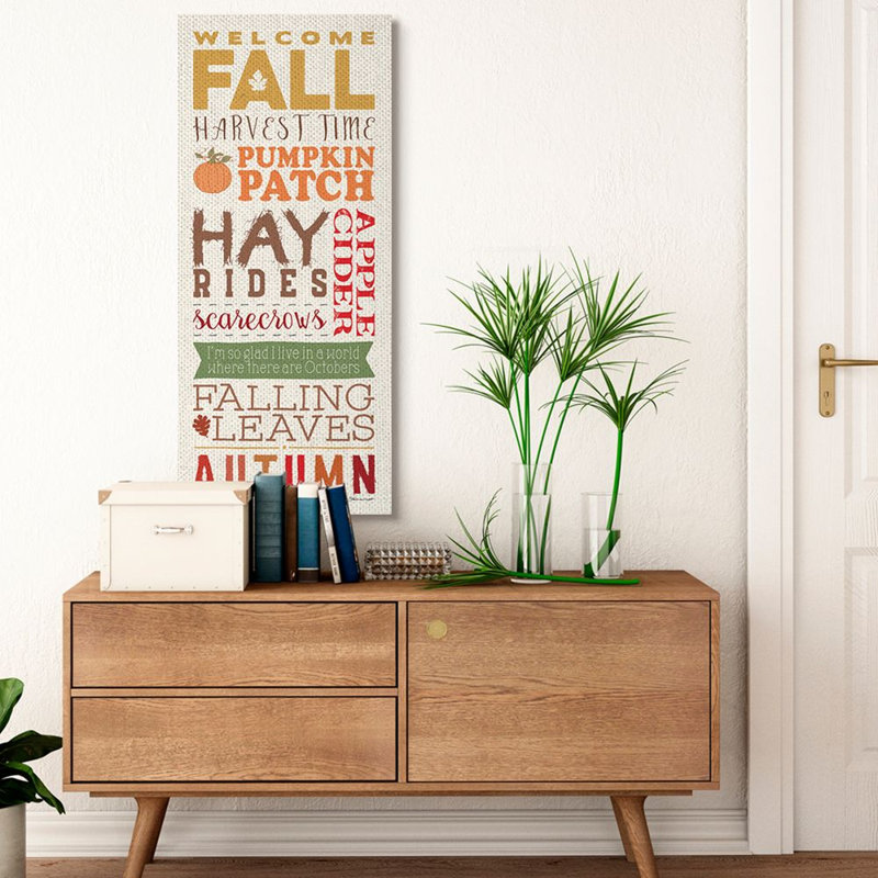 «Welcome Fall Harvest Time Seasonal Word» par Stephanie Workman Marrott - reproduction d'art textuel, Toile tendue
