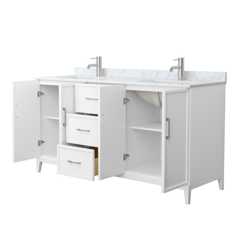 Elan Double Bathroom Vanity with Marble Top, White, Brushed Nickel, 66"