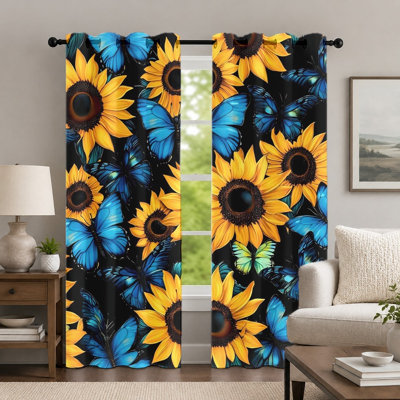 2Pcs Sunflower and Butterfly Print Curtains, Botanical Theme Nature Pattern Grommet Drapes, Artistic Floral Window Treatment for Bedroom Living Room Decor