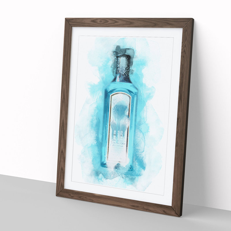 Gin Bottle Blue - Picture Frame Graphic Art, 36cm H x 27cm W x 2cm D, Walnut