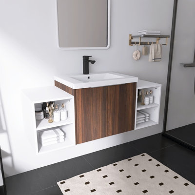 Ensemble de meuble-lavabo mural simple 48 po avec plateau en résine Acorn et deux petites tablettes de rangement
