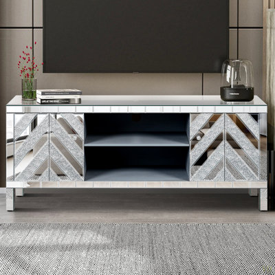 Meuble télé en miroir pour téléviseur de 65 pouces et plus, console de télévision avec rangement ouvert et 2 armoires de rangement, portes de miroir en forme de M pour le salon (l 59 po x H 25,2 po x P 15,7 po)