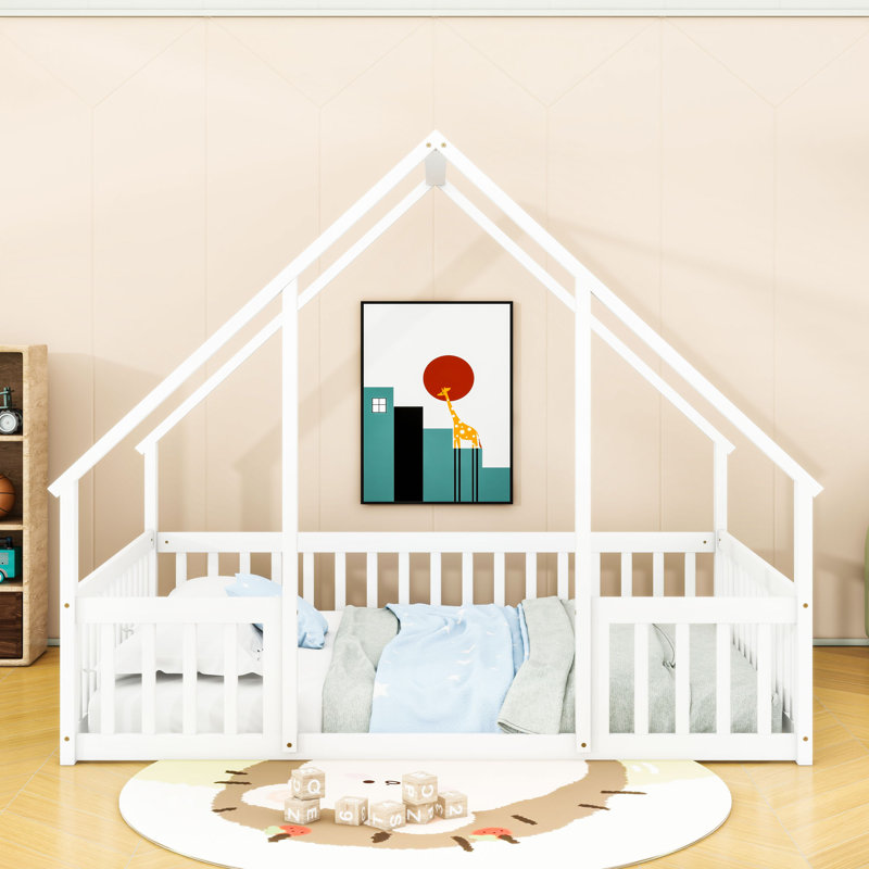 Lit de plancher en bois en forme de maison avec garde-corps, Double, Blanc